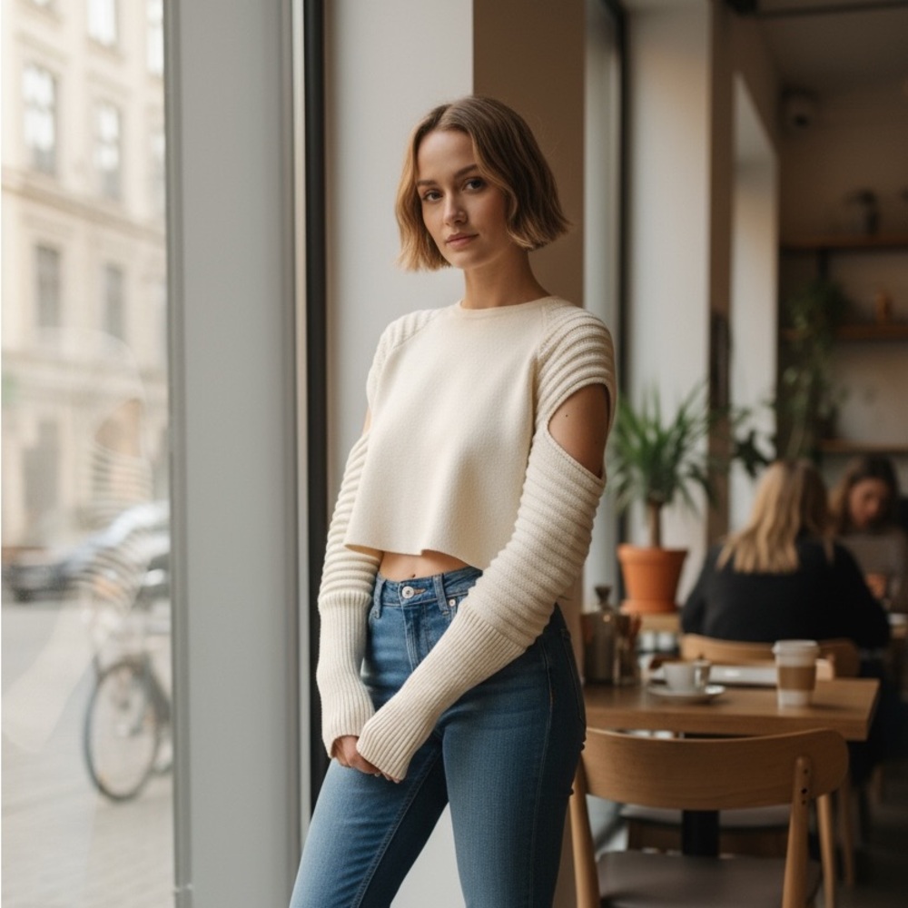 NWT ZARA  BEIGE CUT OUT CROP SWEATER TONAL MATCHING FABRIC DETAIL-M-L
